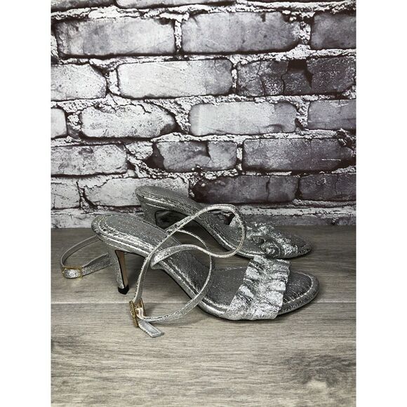 GOOD AMERICAN Metallic Silver Leather Strap Heeled Sandals Women Sz 7M US/37.5EU - Picture 3 of 16